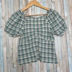 Madewell XS Plaid Puff-Sleeve Ruched Bodice Top Blouse Crop Cottage Sage Green